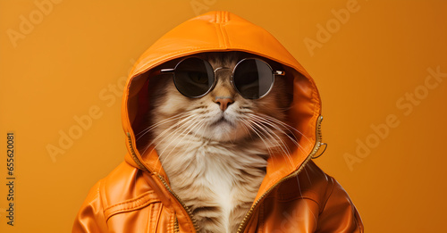 cat in stylish yellow hoodie and wearing sunglasses best for advertisments fasion photo