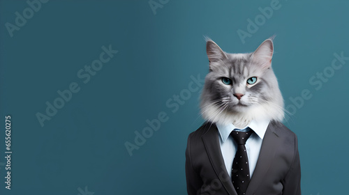 A catdressed up in a cool jacket and tie. Rocking glasses for that extra flair. Posing on a green backdrop Space on the right for your message , best for marketing and advertisemt © K