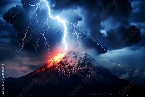Dazzling electrical discharge amidst towering volcanic mountains. Generative AI