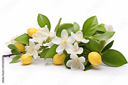 White neroli blossom with flowers, buds, and leaves against a white backdrop. Citrus trees are blooming with fruit. Generative AI photo