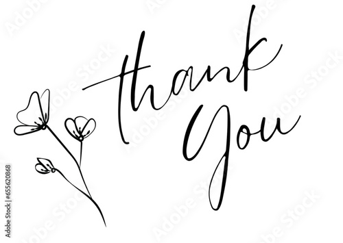 Thank you typography text design with flowers for card or banner. Thank you text on white background.