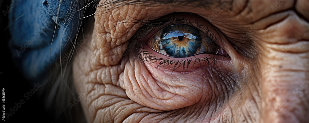 old senior woman wrinkles and eye detail. amazing close up. - obrazy, fototapety, plakaty 