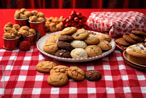 assortment of festive cookies on a red tablecloth