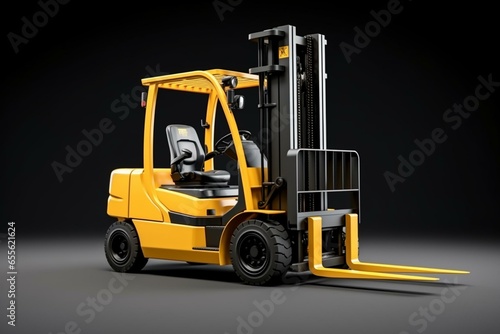 3D rendering of a forklift truck with yellow and black colors, shown in isolation against a transparent background. Generative AI photo