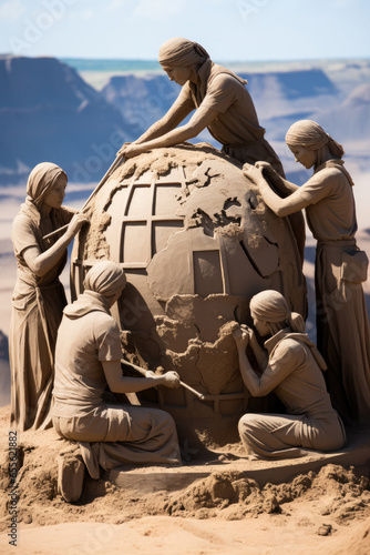 Artists constructing a global unity sand sculpture for Human Solidarity Day 