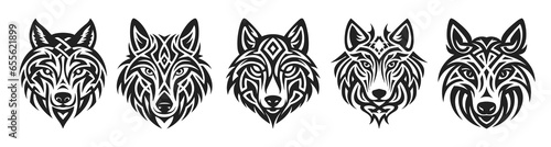 Tribal tattoo of the wolf head in Celtic and Nordic ornament flat style design vector illustration set isolated on white background. Scandinavian Viking symbol of wolf, tribal northern culture tattoo.