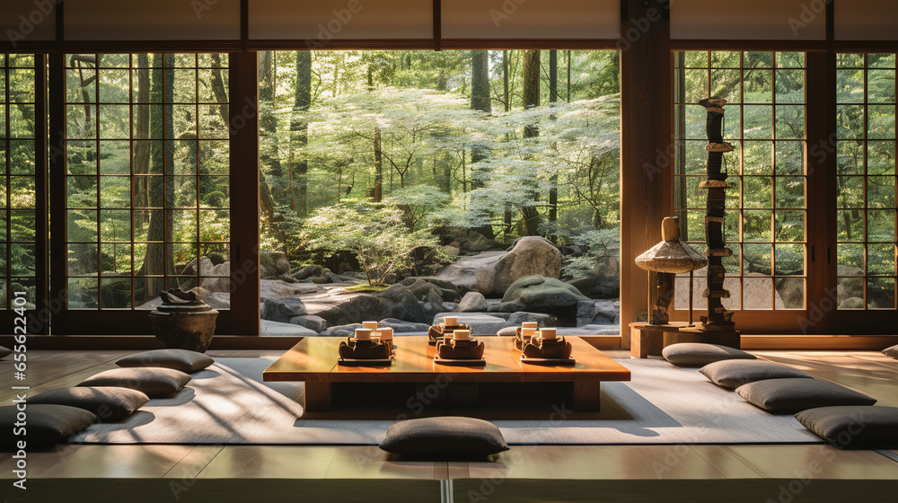 Japanese Meditation Room with Tatami Mats and Zabuton Pillows
