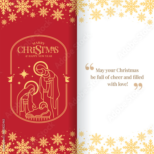 Christmas greeting card - Gold line the nativity with mary and joseph in a manger with baby Jesus in rectangular curve shape frame on red background and Greeting message vector design