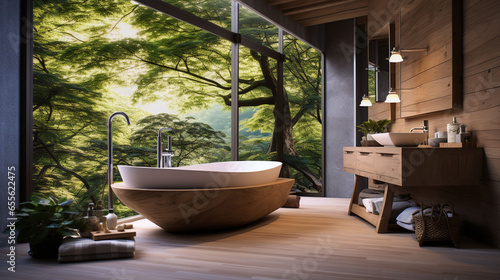 Japanese Bathroom with Natural Materials and Soaking Tub © Magenta Dream