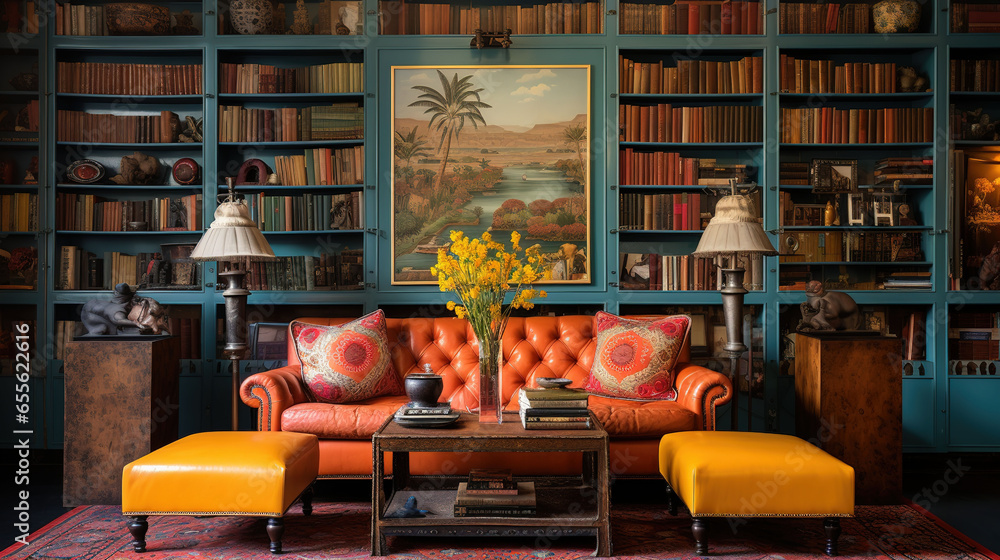 Vibrant and Eclectic Indian Library with Bookshelves and Colorful Textiles - obrazy, fototapety, plakaty 