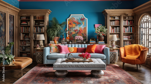 Vibrant and Eclectic Indian Library with Bookshelves and Colorful Textiles