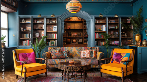 Vibrant and Eclectic Indian Library with Bookshelves and Colorful Textiles photo