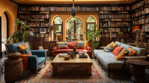 Vibrant and Eclectic Indian Library with Bookshelves and Colorful Textiles