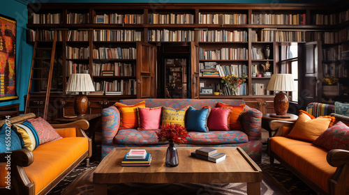 Indian Library  Bookshelves  Colorful Textiles  Patterned Wallpaper and Comfortable Seating