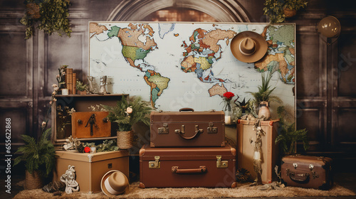 Vintage Travel Inspired Photo Booth and World Map Backdrop