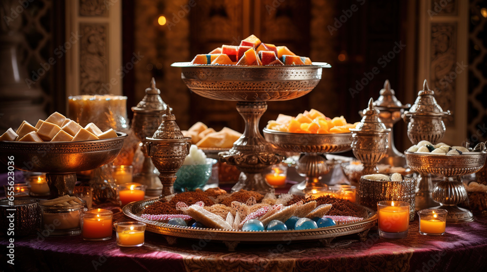 Arabic Desserts, Traditional Middle Eastern Sweets with Pastries and Ornate Silver Trays - obrazy, fototapety, plakaty 