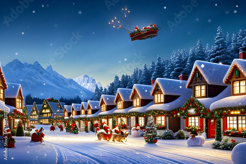 Christmas-decorated village scenery with a fantasy feel. Generative AI photo