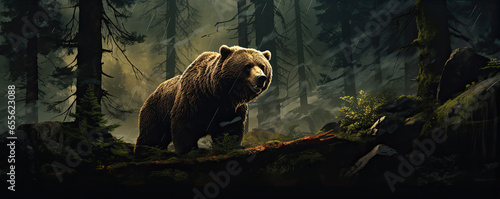Grizzly bear in forest. wide banner © Michal