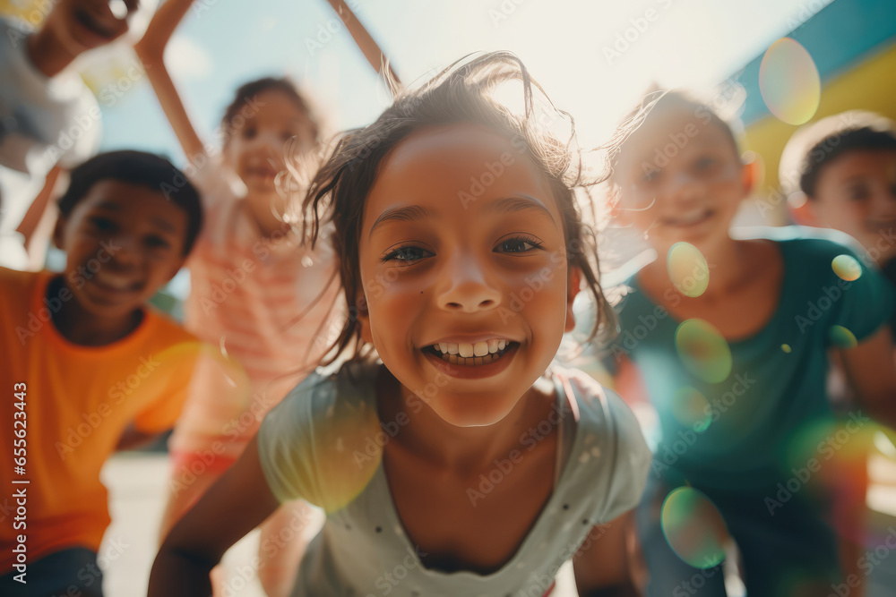 Children of different ethnicities playing together in a playground - Universal innocence - AI Generated Children of different ethnicities playing together in a playground - Universal innocence - AI Generated