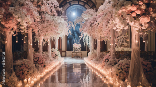 Glamorous ballroom Wedding Hall with Magnificent Flower Arrangements photo
