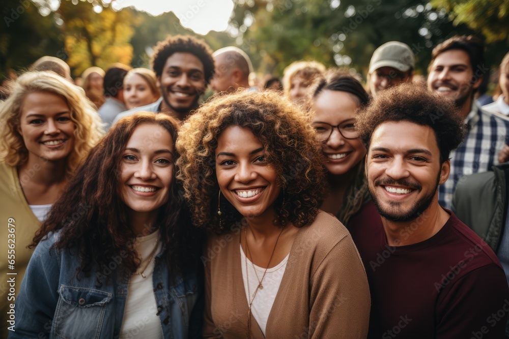 Obraz premium Group of diverse people gathered in a park celebrating a festival - Unity in diversity - AI Generated