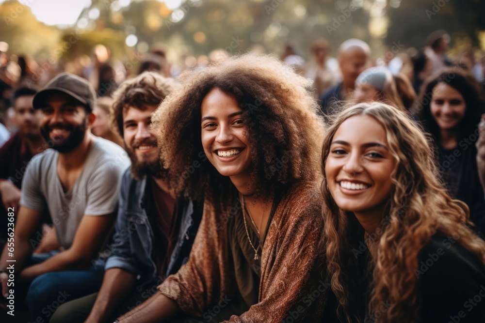 Group of diverse people gathered in a park celebrating a festival - Unity in diversity - AI Generated Group of diverse people gathered in a park celebrating a festival - Unity in diversity - AI Generated