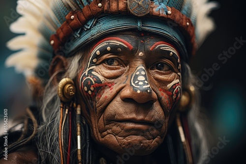 Close-up of a tribal leader adorned with traditional ornaments - Indigenous heritage - AI Generated