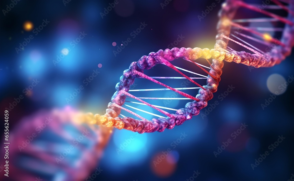 DNA structure with glow. DNA helix colorful genes chromosomes. Blurred background.  - obrazy, fototapety, plakaty 