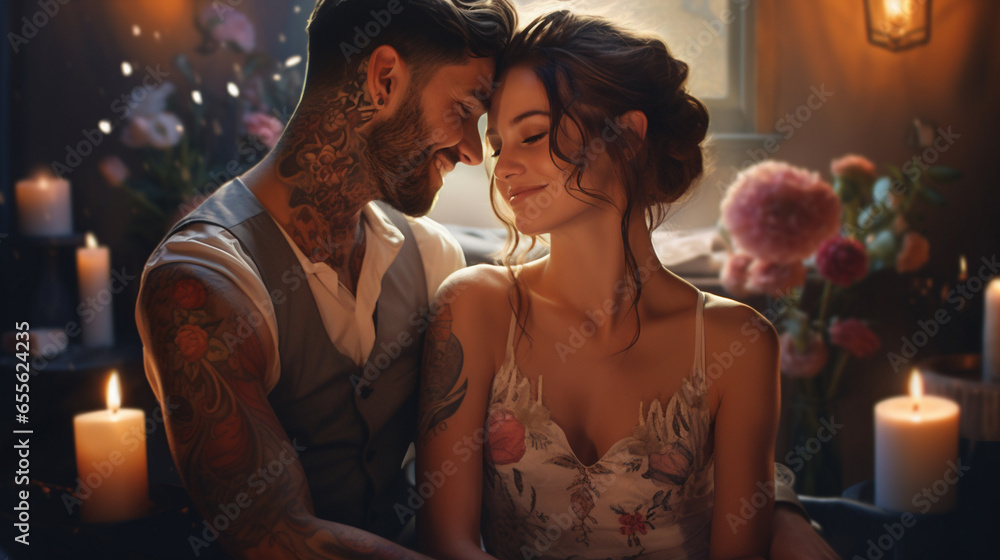 Beautiful young couple in love is hugging and smiling while sitting in bed at home. Beautiful young couple in love is hugging and smiling while sitting in bed at home.