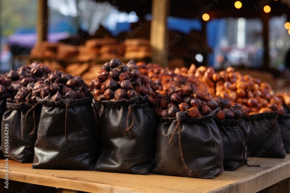 bags of roasted chestnuts on a stall