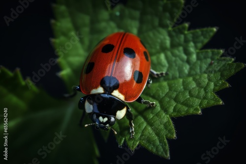 A ladybug perched on a vibrant green leaf