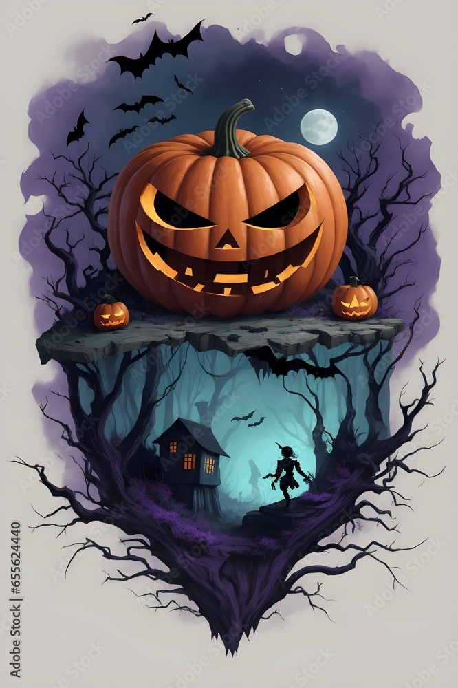 Fototapeta premium Ghosty pumpkin and a mid-jungle haunted house for t-shirt design