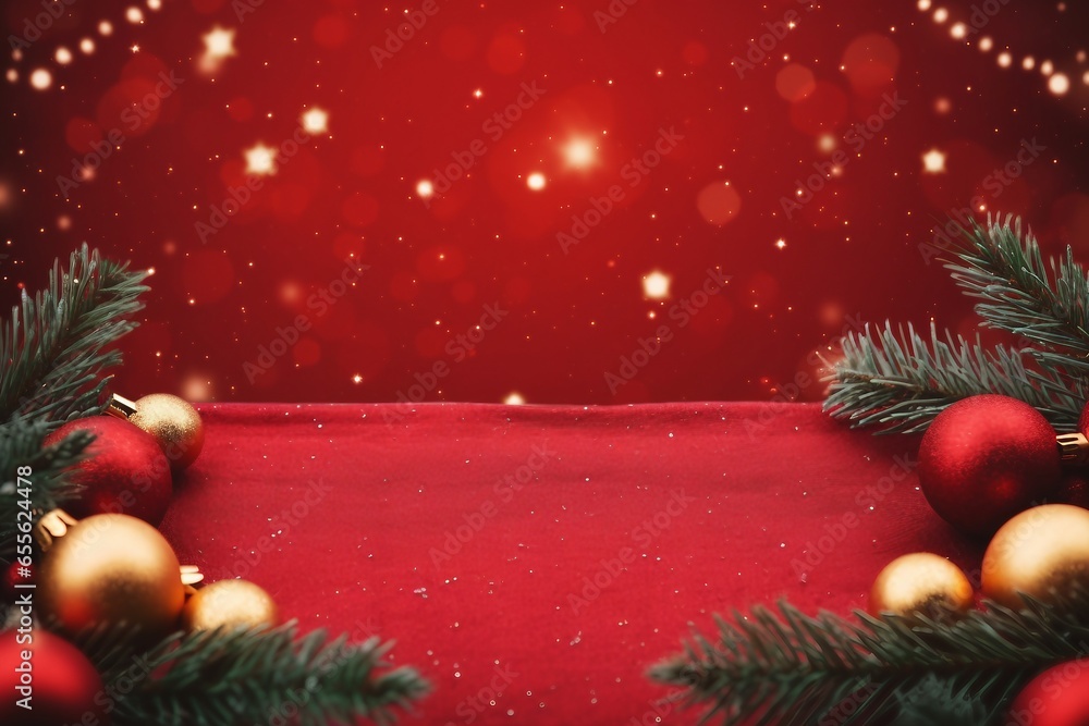 Christmas background with xmas tree and sparkle bokeh lights on red canvas background. Merry christmas card. Winter holiday theme. Happy New Year. Space for text. generative ai. - obrazy, fototapety, plakaty 