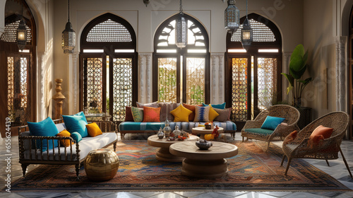 Beautiful Moroccan Living Room, Mosaic tiles, Colorful Textiles, Carved Wooden Furniture © Magenta Dream