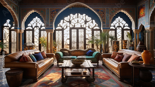 Beautiful Moroccan Living Room, Mosaic tiles, Colorful Textiles, Carved Wooden Furniture