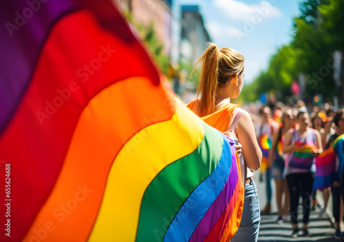 Young People protest of LGBTQ holding rainbow flags. Generative AI