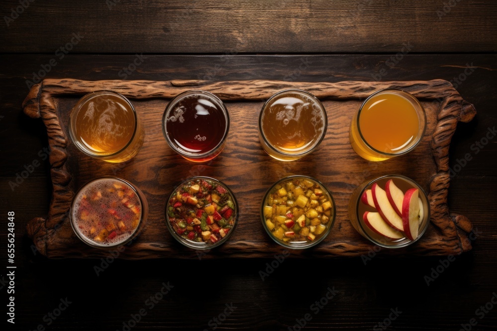 top view of a flight of ciders on a wooden sampler