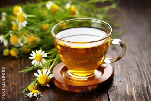 herbal tea alongside chamomile flowers
