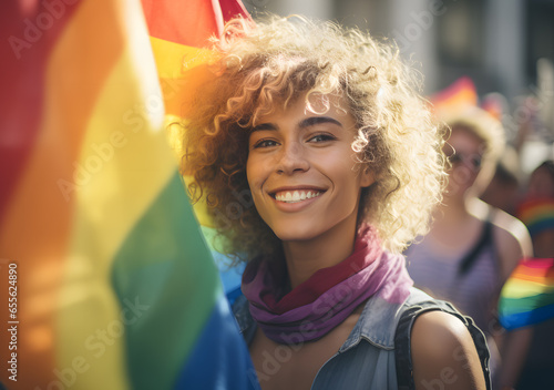 Young People protest of LGBTQ holding rainbow flags. Generative AI
