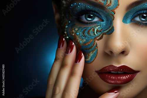 Beautiful woman face with artistic make-up and cute nails, beauty concept, generative AI