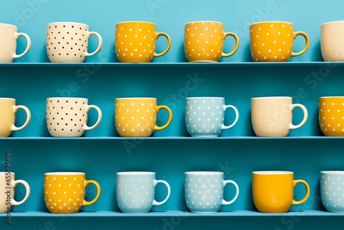 Pattern of yellow mugs on blue background, displayed on shelves. Generative AI