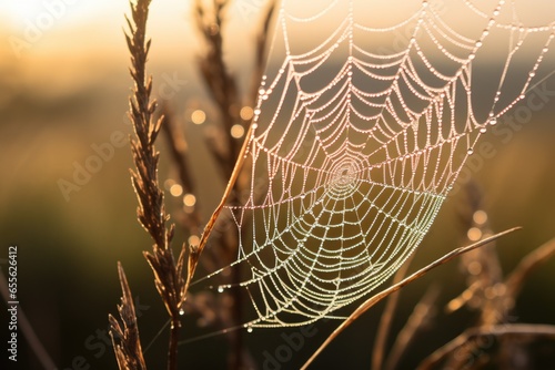 a spider web glistening with morning dew