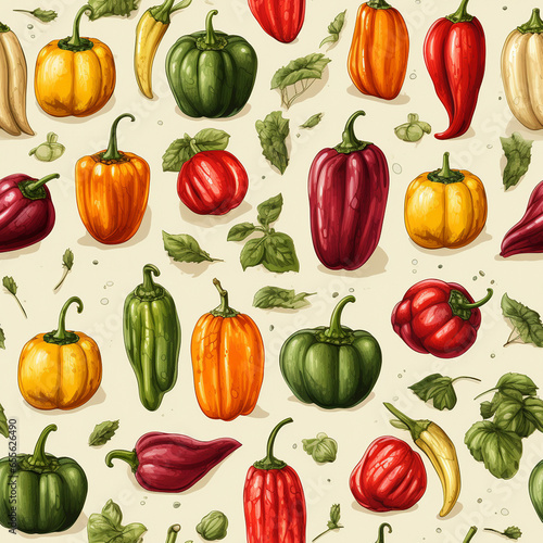 Bold fabric or packaging design with fiery watercolour peppers and paprika