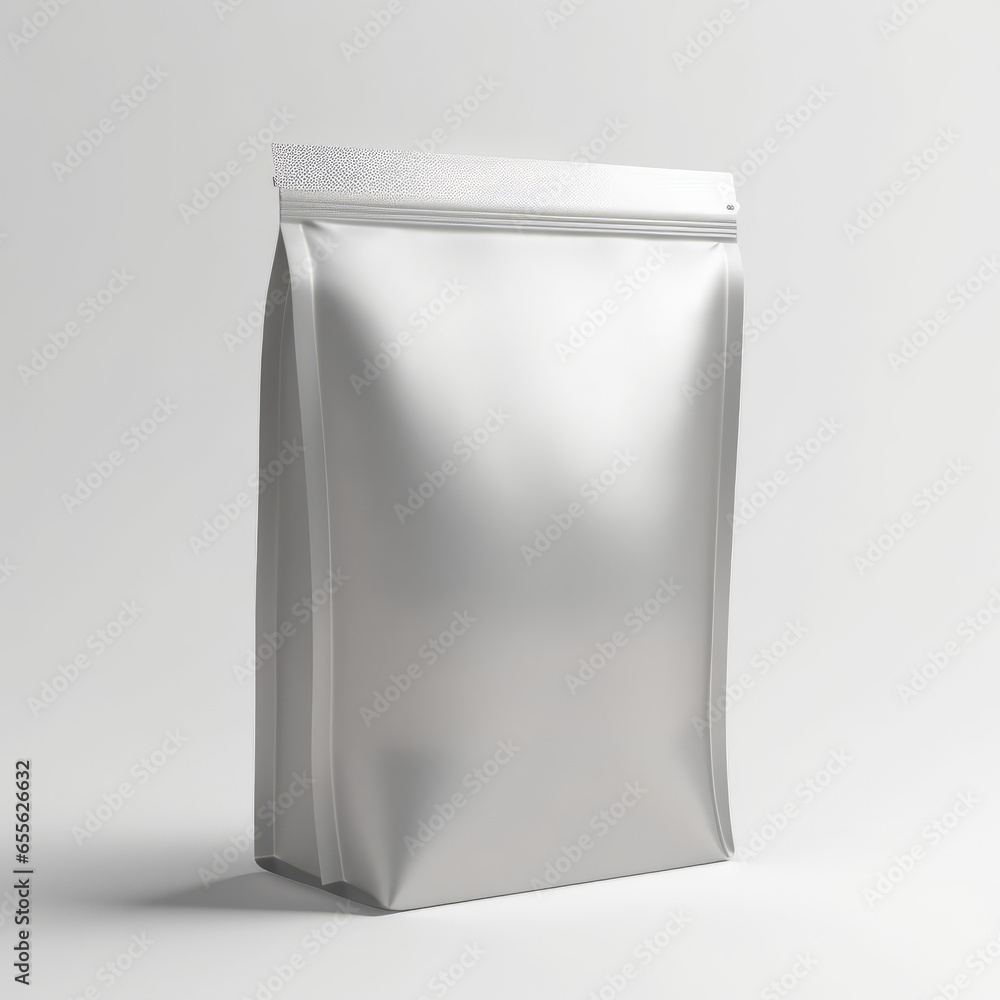 Empty metalic pouch mockup, chips packet, white background, 8K Empty metalic pouch mockup, chips packet, white background, 8K