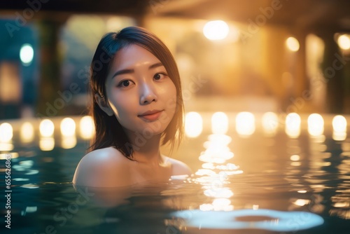 Young japanese girl pool. Female water. Generate Ai