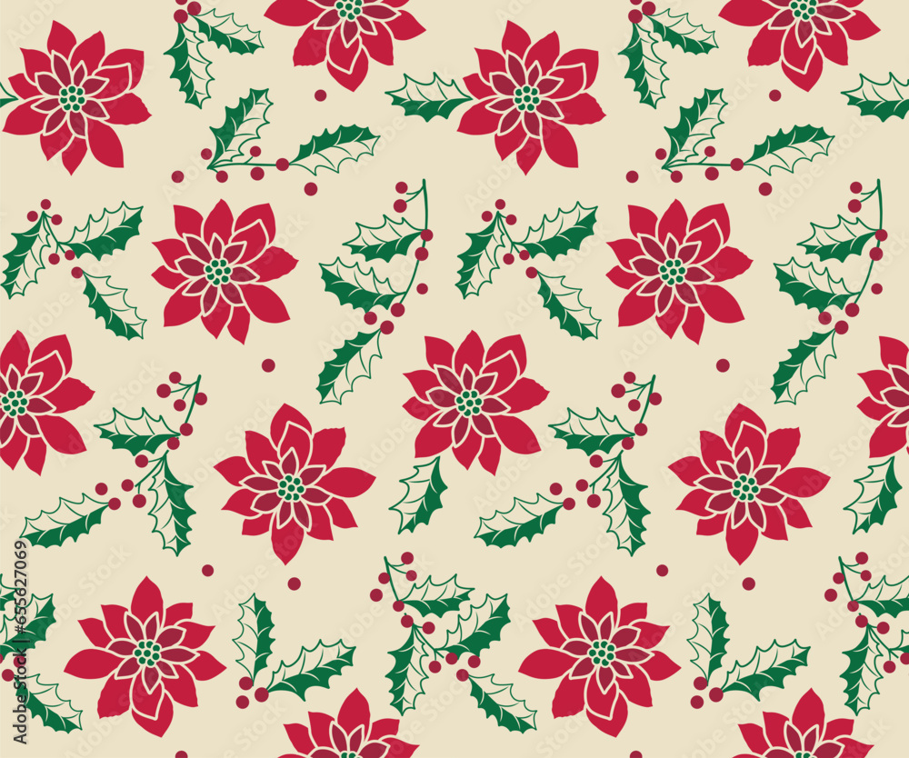 Seamless Christmas Poinsettia And Holly Leaves Pattern