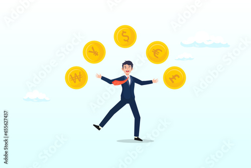Rich businessman juggling various international money coins, currency exchange, international money transfer or foreign exchange, Forex trading, global financial economy or currency convert (Vector)
