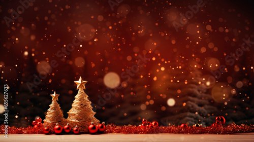 Illuminated christmas trees forest in on a snowy night close to christmas red garlands and golden decorations in an artificial stage at twilight, Generative AI illustration