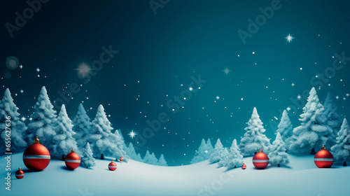 Christmas trees forest in on a snowy night with christmas decorations garlands and stars at twilight, Generative AI illustration