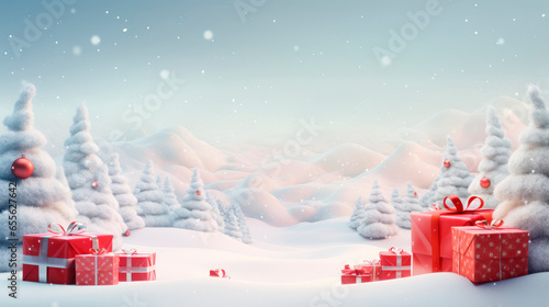Decorated christmas trees with red garlands into a  forest on a snowy sunrise close to xmas gifts in red boxes , Generative AI illustration photo